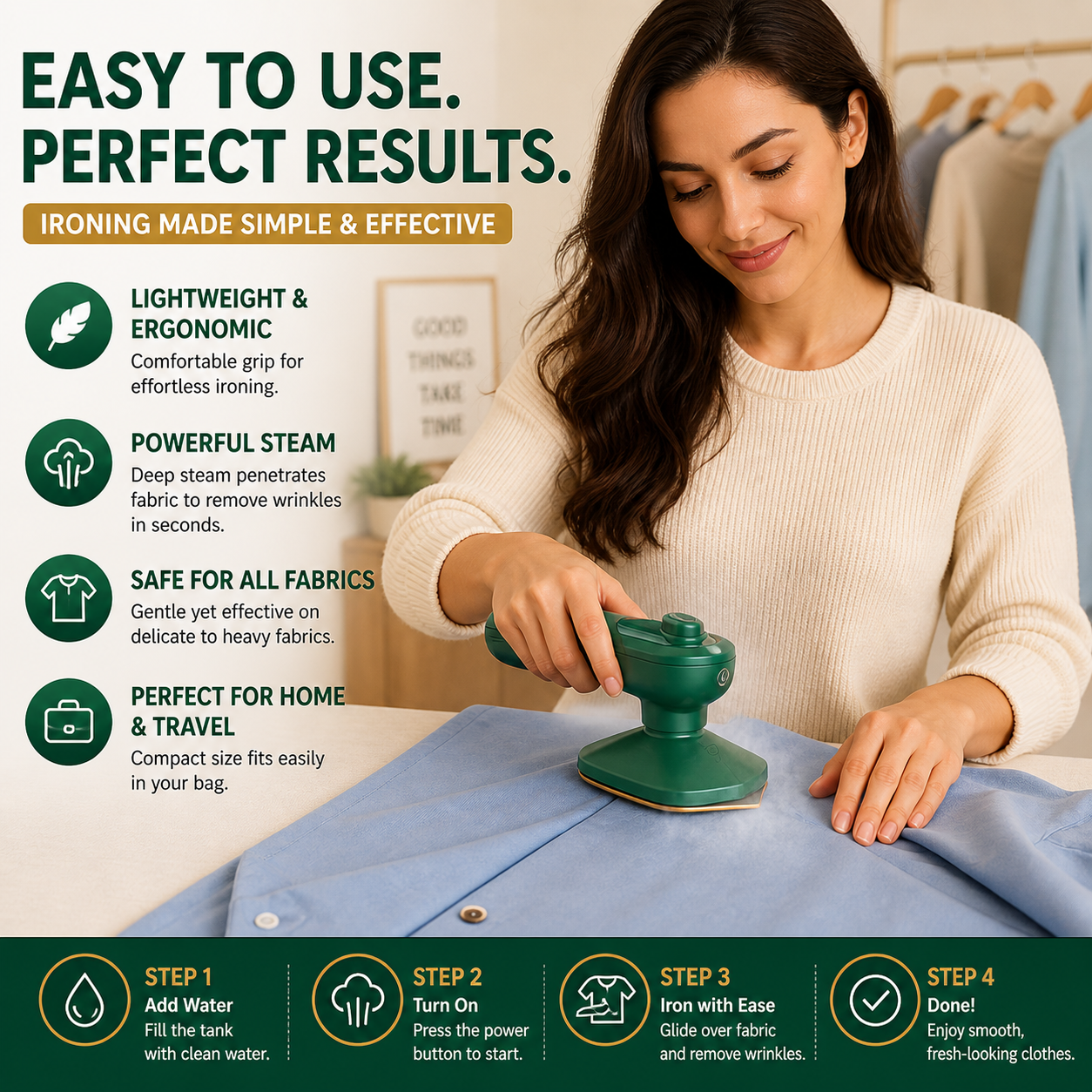 Portable Micro Steam Iron, Green Iron Handheld Garment Steamer